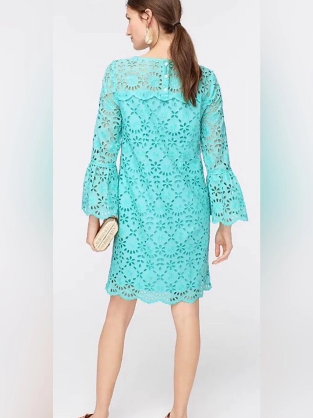 NWOT J crew Eyelet Midi Dress 3/4 length Bell Sleeve Teal Aqua Blue. Size 10.